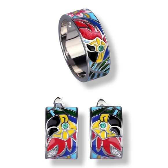 Silver Parrot Multicolor Enamel Ring and Pierced Earrings Set Ring - Picture 1 of 5